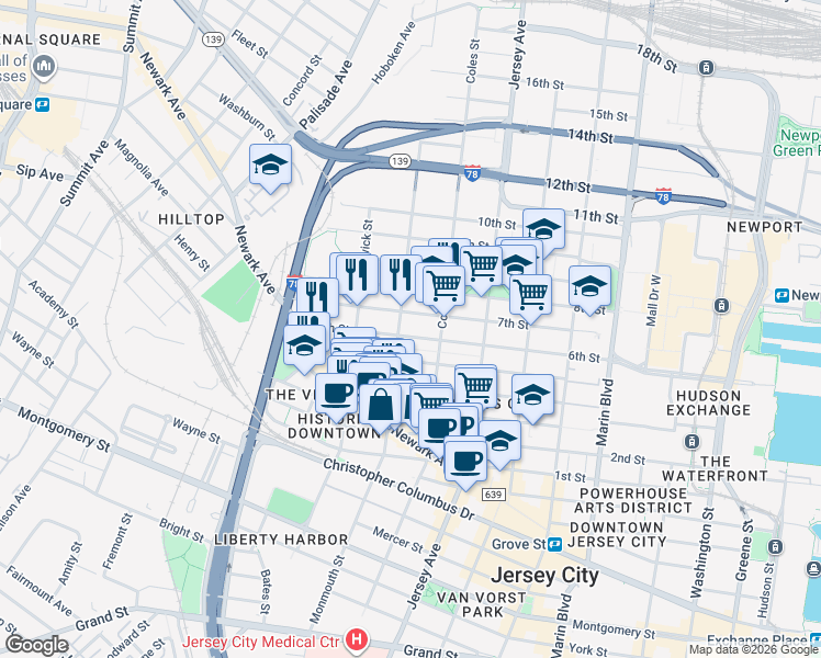 map of restaurants, bars, coffee shops, grocery stores, and more near 463 Monmouth Street in Jersey City
