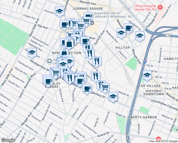 map of restaurants, bars, coffee shops, grocery stores, and more near 121 Baldwin Avenue in Jersey City