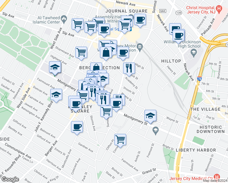map of restaurants, bars, coffee shops, grocery stores, and more near 75 Jordan Avenue in Jersey City
