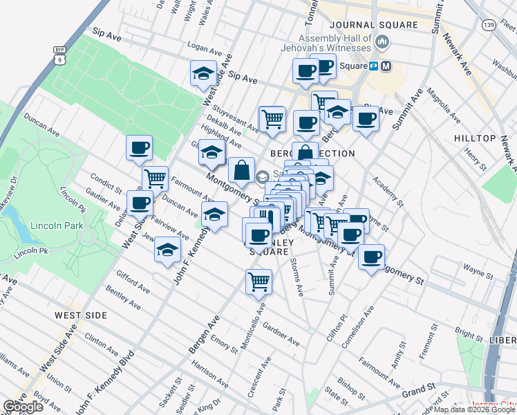 map of restaurants, bars, coffee shops, grocery stores, and more near 798-808 Montgomery Street in Jersey City