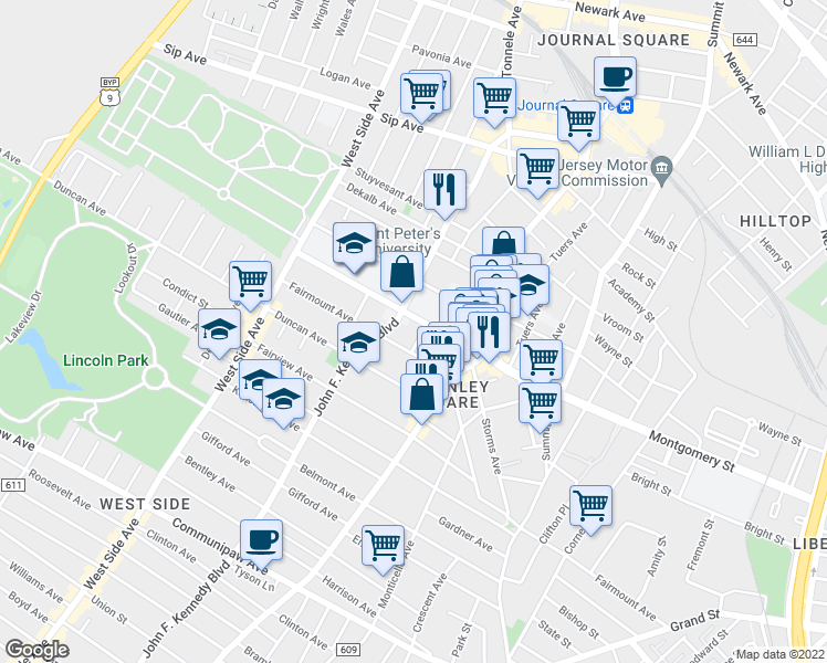 map of restaurants, bars, coffee shops, grocery stores, and more near in Jersey City