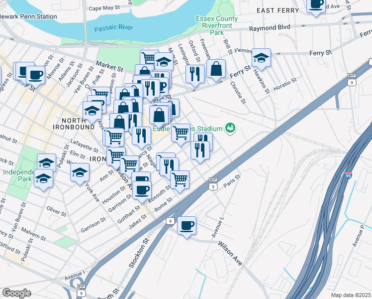 map of restaurants, bars, coffee shops, grocery stores, and more near 91 Main Street in Newark