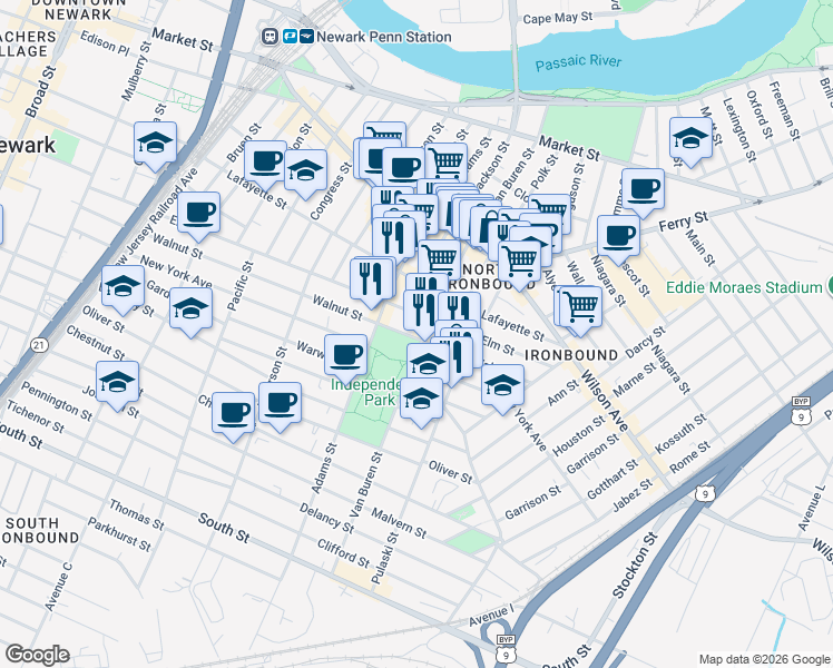 map of restaurants, bars, coffee shops, grocery stores, and more near 280 Elm Street in Newark