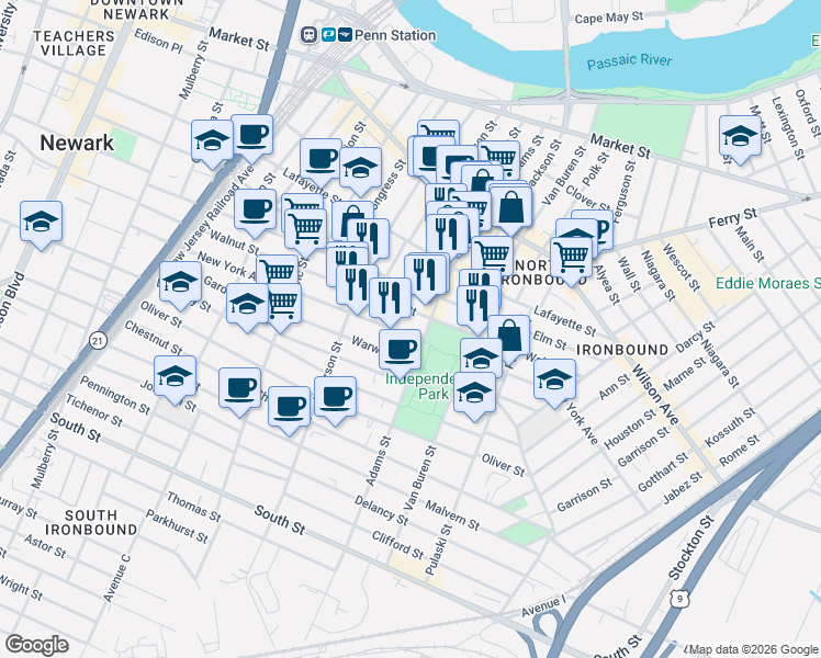 map of restaurants, bars, coffee shops, grocery stores, and more near 296 Walnut Street in Newark