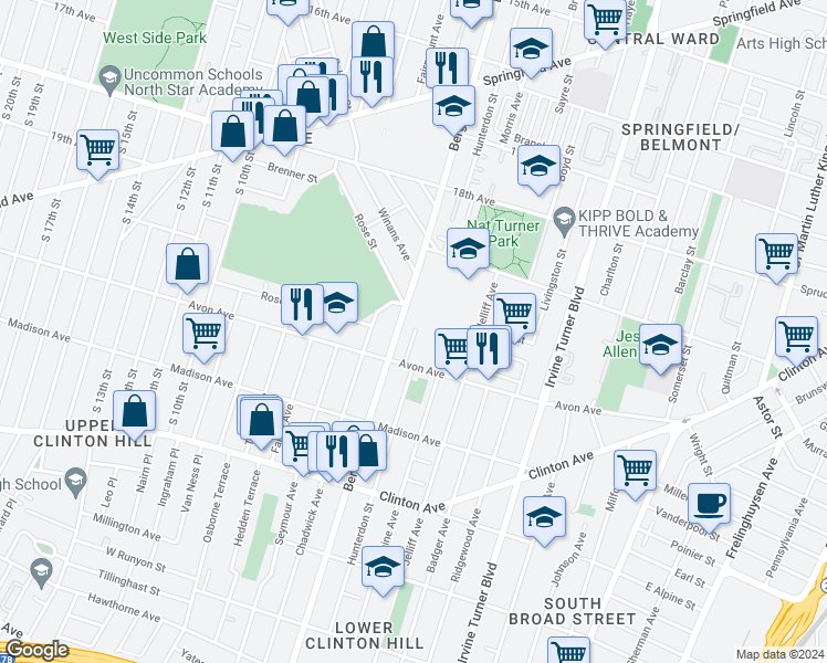 map of restaurants, bars, coffee shops, grocery stores, and more near 516 Bergen Street in Newark