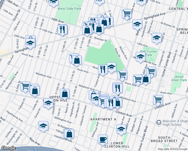 map of restaurants, bars, coffee shops, grocery stores, and more near 297 Avon Avenue in Newark