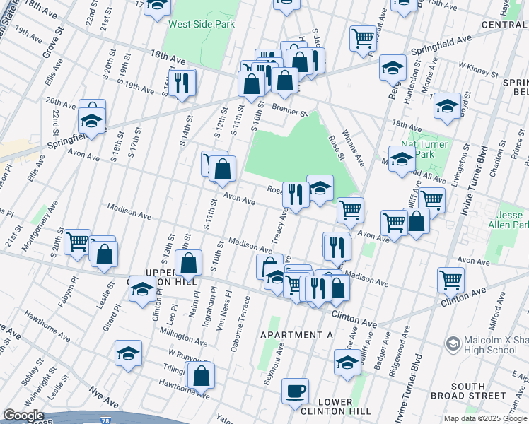 map of restaurants, bars, coffee shops, grocery stores, and more near 297 Avon Avenue in Newark
