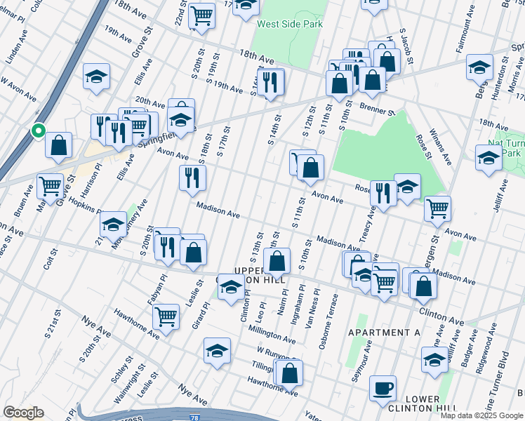 map of restaurants, bars, coffee shops, grocery stores, and more near 800 South 14th Street in Newark