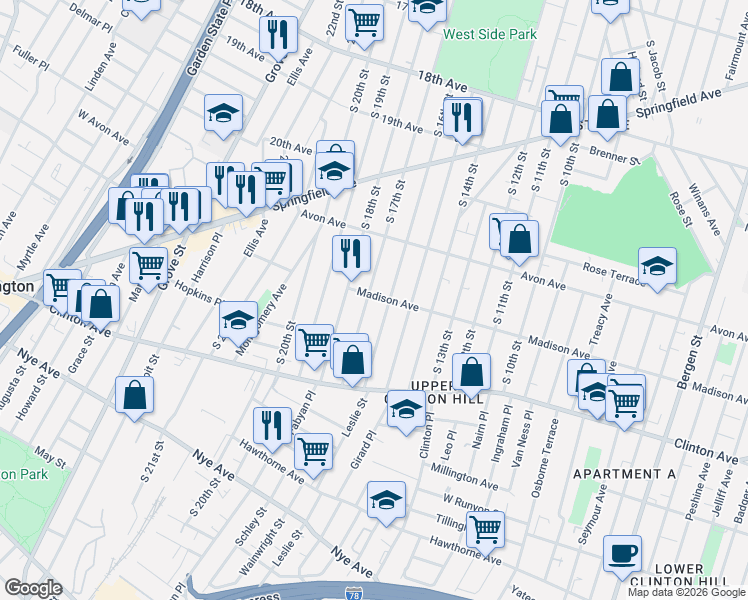 map of restaurants, bars, coffee shops, grocery stores, and more near 823 South 16th Street in Newark