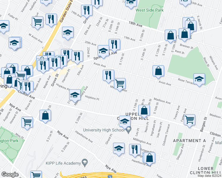 map of restaurants, bars, coffee shops, grocery stores, and more near 853 South 18th Street in Newark