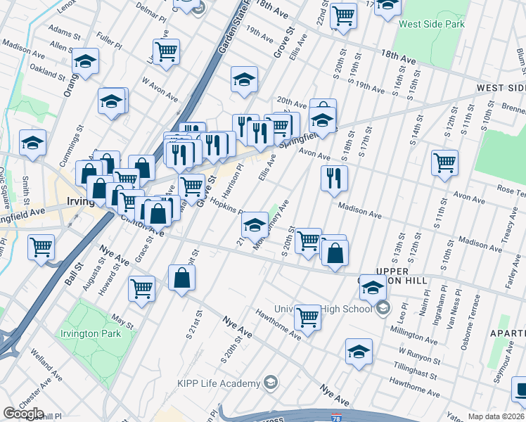 map of restaurants, bars, coffee shops, grocery stores, and more near 80 Ellis Avenue in Irvington
