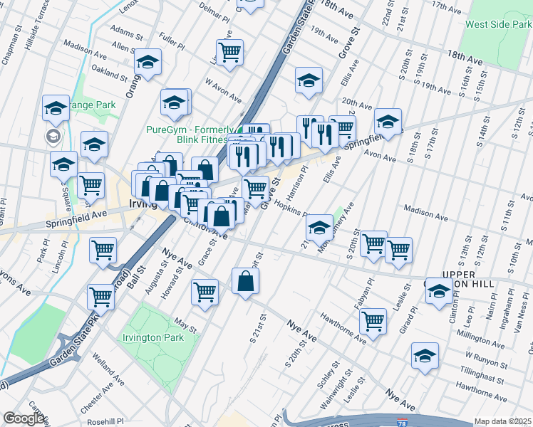 map of restaurants, bars, coffee shops, grocery stores, and more near 944 Grove Street in Irvington