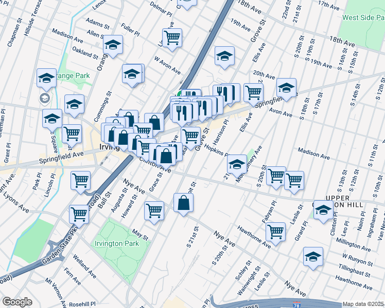 map of restaurants, bars, coffee shops, grocery stores, and more near 944 Grove Street in Irvington