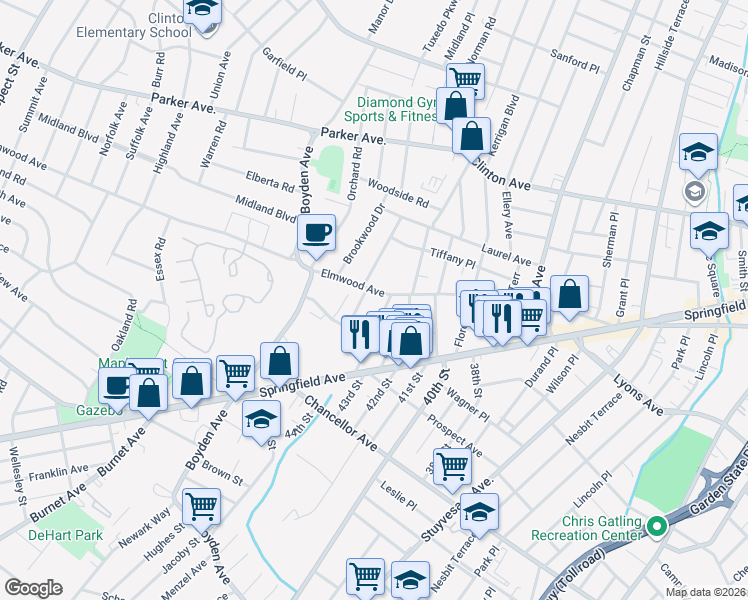 map of restaurants, bars, coffee shops, grocery stores, and more near 240 Elmwood Avenue in Maplewood