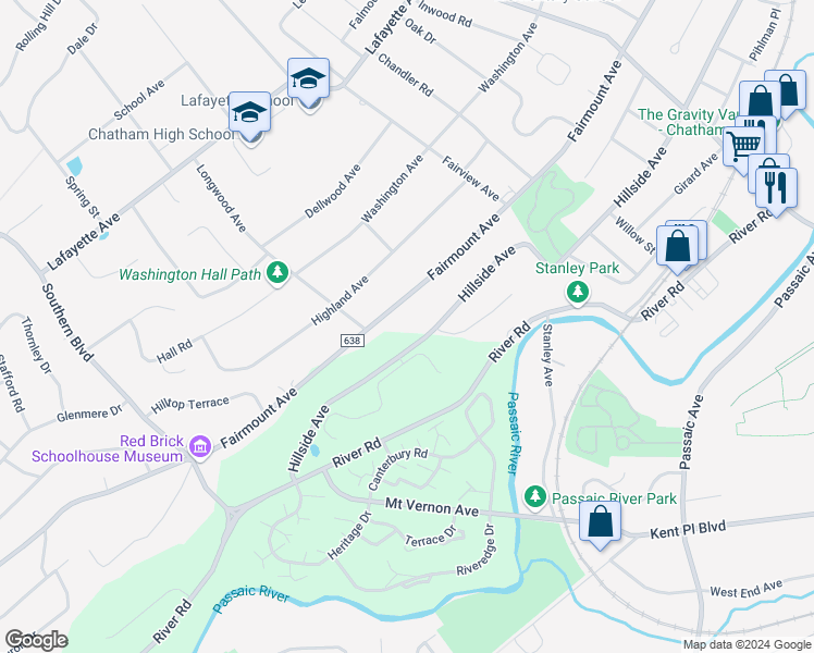 map of restaurants, bars, coffee shops, grocery stores, and more near 265 Fairmount Avenue in Chatham