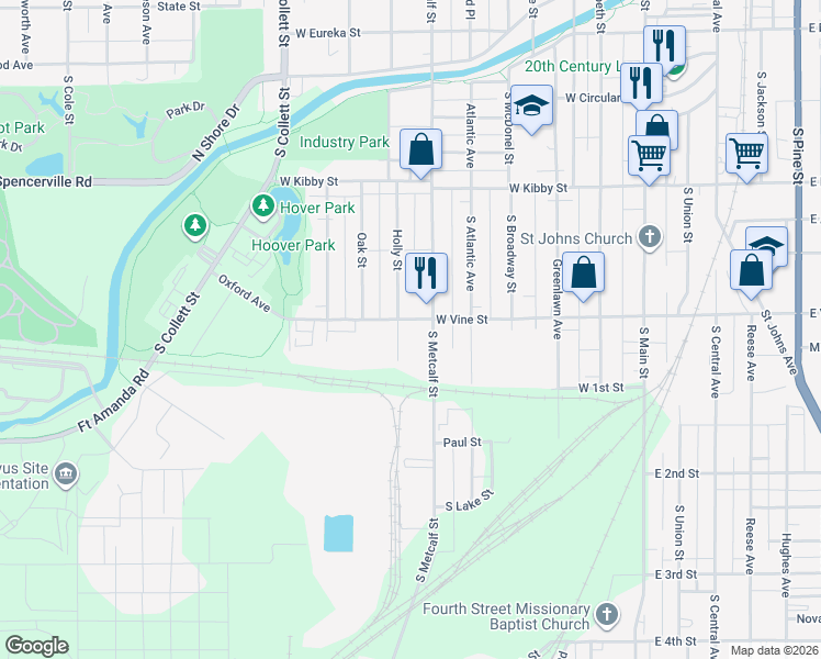 map of restaurants, bars, coffee shops, grocery stores, and more near 666 West Vine Street in Lima