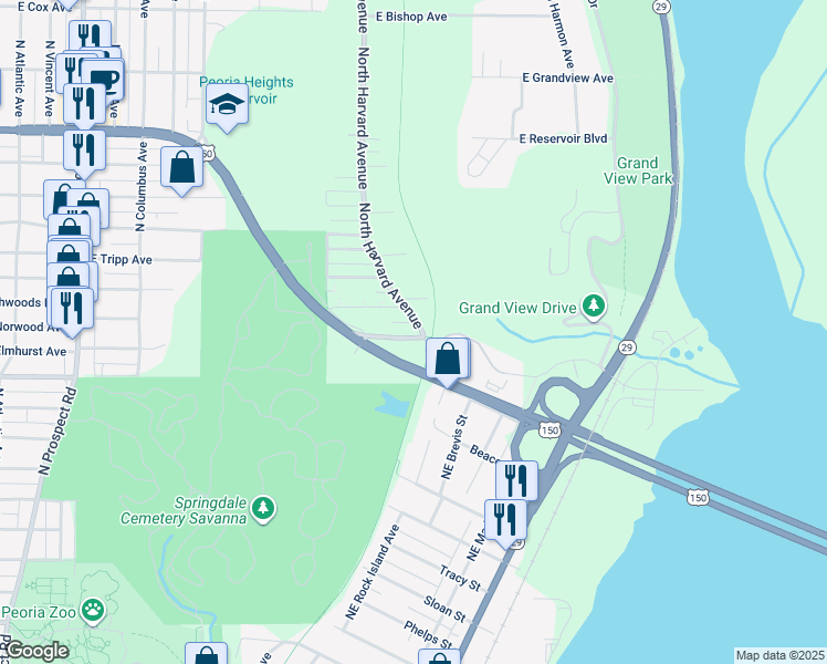 map of restaurants, bars, coffee shops, grocery stores, and more near 2022 Ruppman Plaza in Peoria