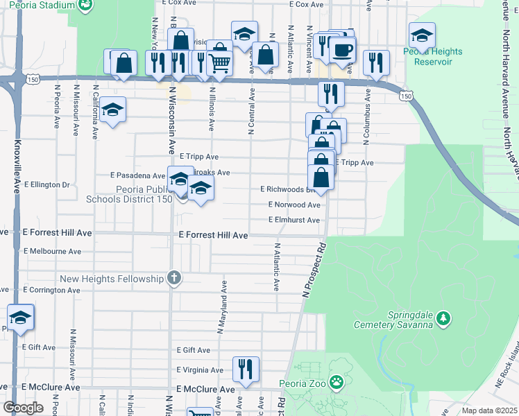 map of restaurants, bars, coffee shops, grocery stores, and more near 1013 East Norwood Avenue in Peoria