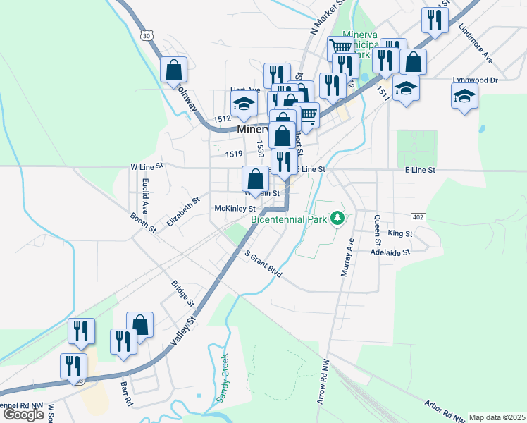 map of restaurants, bars, coffee shops, grocery stores, and more near 301 Valley Street in Minerva