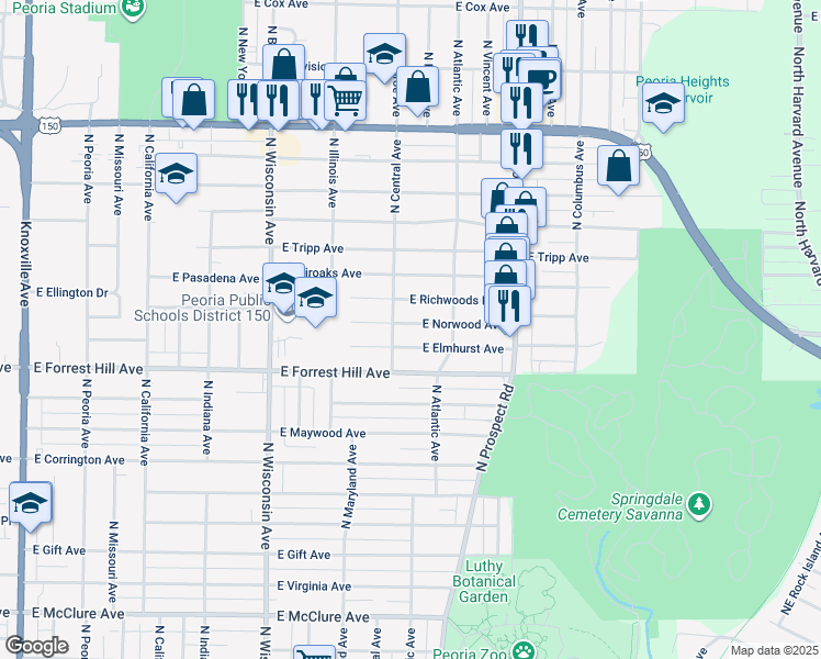 map of restaurants, bars, coffee shops, grocery stores, and more near 1012 East Norwood Avenue in Peoria