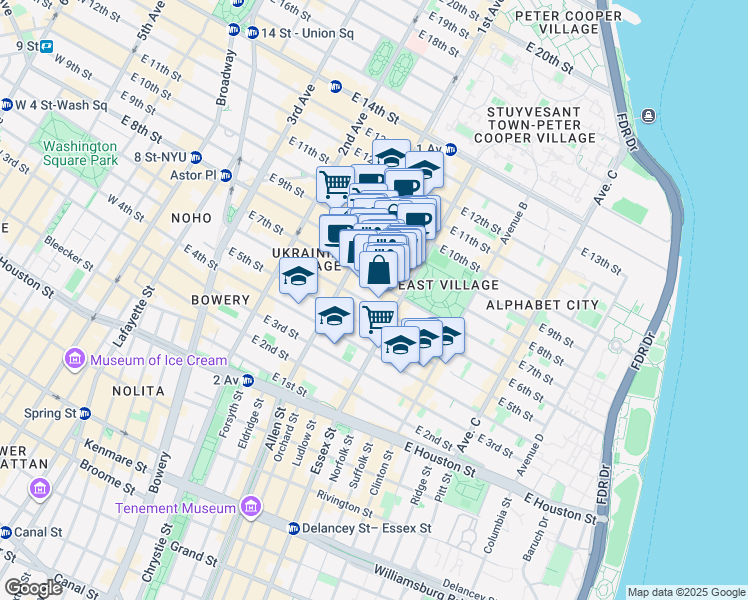 map of restaurants, bars, coffee shops, grocery stores, and more near 113 East 7th Street in New York