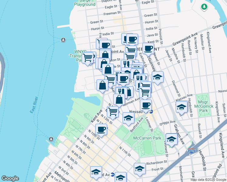 map of restaurants, bars, coffee shops, grocery stores, and more near 238 Banker Street in Brooklyn
