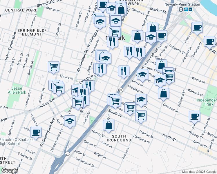 map of restaurants, bars, coffee shops, grocery stores, and more near 36 Camp Street in Newark
