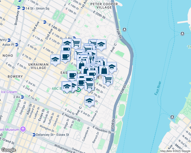 map of restaurants, bars, coffee shops, grocery stores, and more near 375 East 10th Street in New York