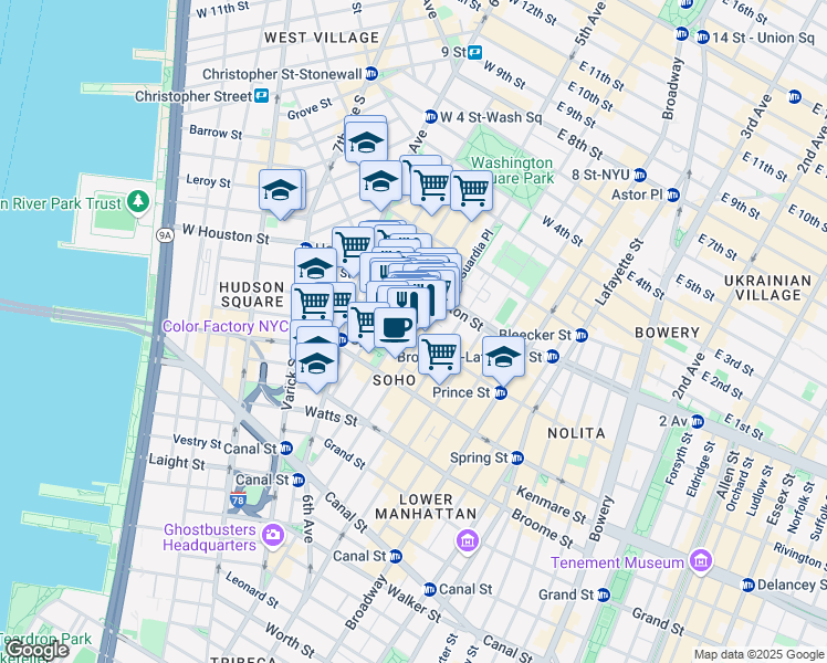 map of restaurants, bars, coffee shops, grocery stores, and more near 157 Prince Street in New York