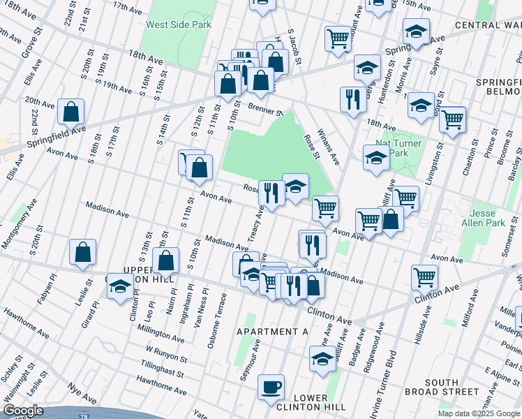 map of restaurants, bars, coffee shops, grocery stores, and more near Avon Ave & Treacy Ave in Newark