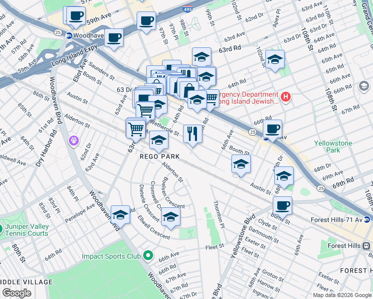 map of restaurants, bars, coffee shops, grocery stores, and more near 64-86 Wetherole Street in Queens