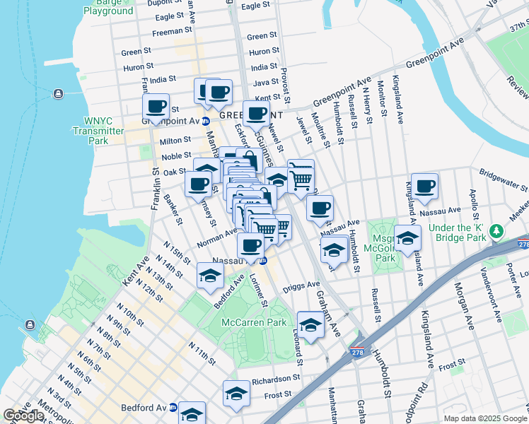 map of restaurants, bars, coffee shops, grocery stores, and more near 107 Norman Avenue in Brooklyn