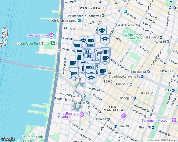 map of restaurants, bars, coffee shops, grocery stores, and more near 150 Varick Street in New York