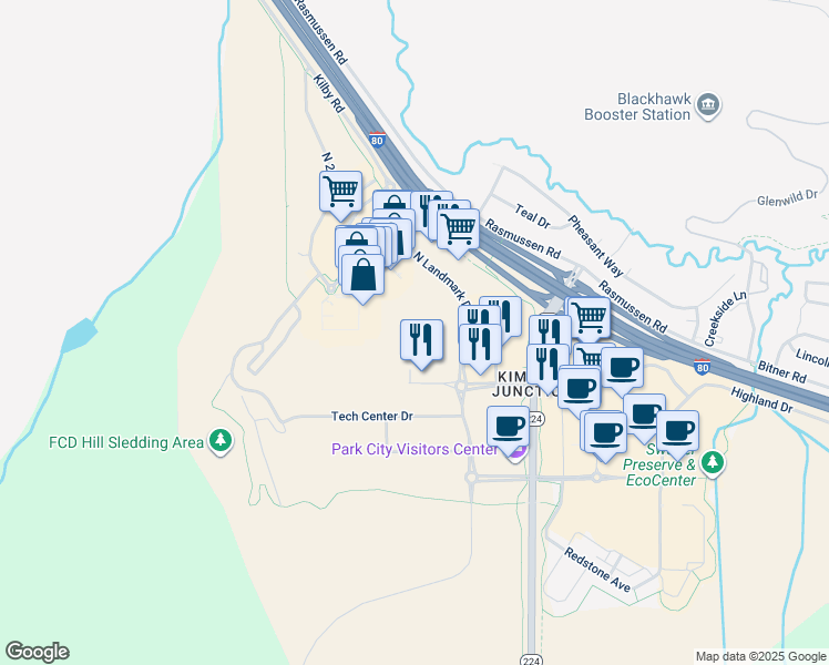 map of restaurants, bars, coffee shops, grocery stores, and more near 6545 North Landmark Drive in Park City