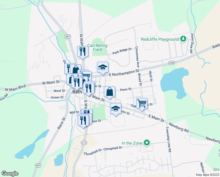 map of restaurants, bars, coffee shops, grocery stores, and more near 132 Center Street in Bath