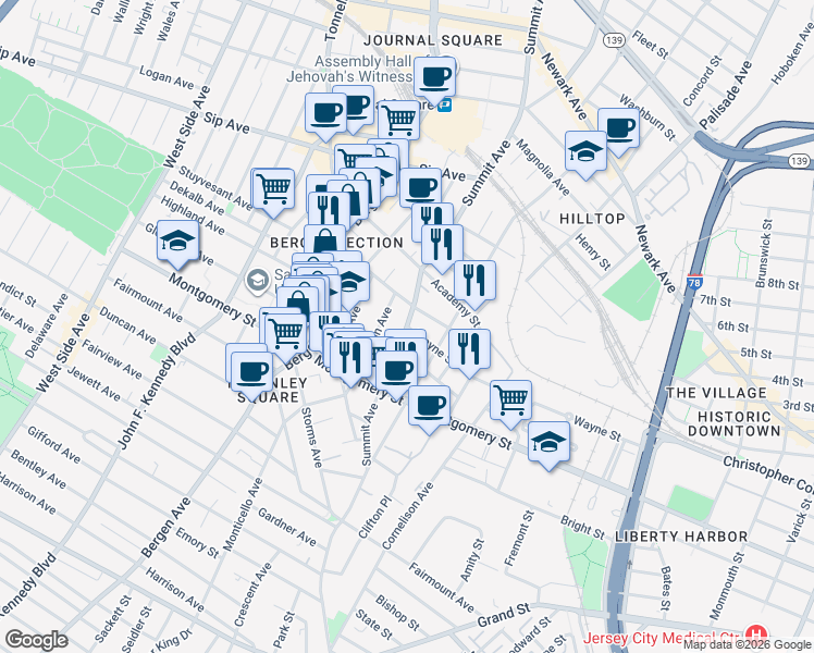 map of restaurants, bars, coffee shops, grocery stores, and more near Summit Avenue & Wayne Street in Jersey City