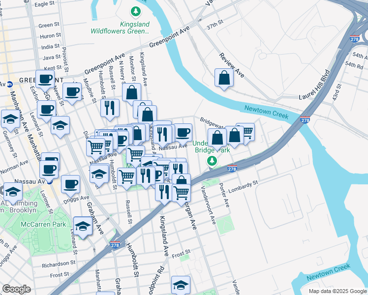 map of restaurants, bars, coffee shops, grocery stores, and more near 640 Morgan Avenue in Brooklyn