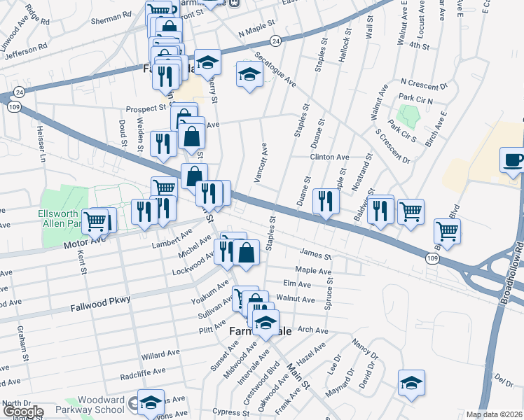 map of restaurants, bars, coffee shops, grocery stores, and more near 900 Fulton Street in Farmingdale
