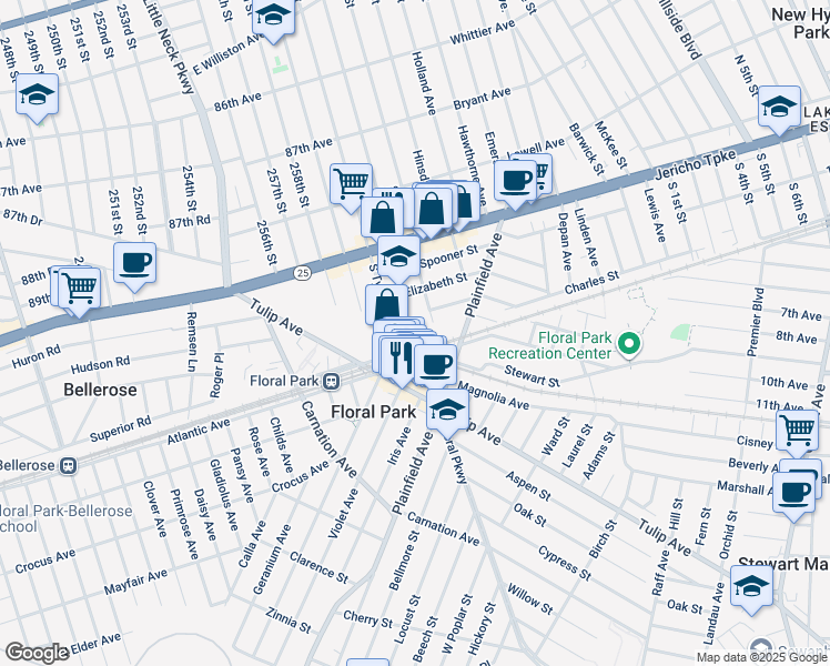 map of restaurants, bars, coffee shops, grocery stores, and more near 57 Flower Avenue in Floral Park