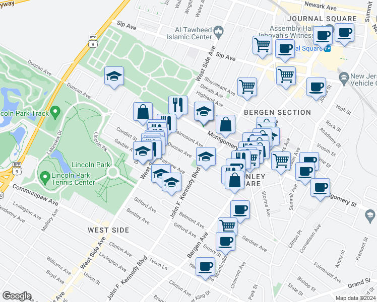 map of restaurants, bars, coffee shops, grocery stores, and more near 110 Duncan Avenue in Jersey City