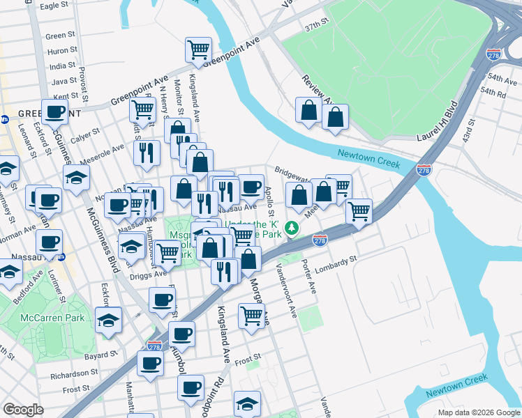 map of restaurants, bars, coffee shops, grocery stores, and more near 321 Nassau Avenue in Brooklyn