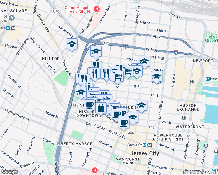 map of restaurants, bars, coffee shops, grocery stores, and more near 463 Monmouth Street in Jersey City