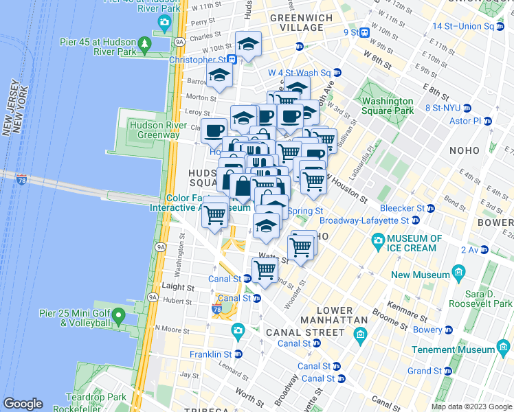 map of restaurants, bars, coffee shops, grocery stores, and more near 150 Varick Street in New York
