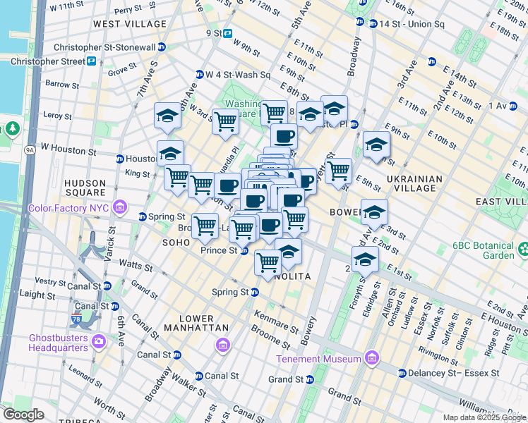 map of restaurants, bars, coffee shops, grocery stores, and more near 208 Mercer Street in New York