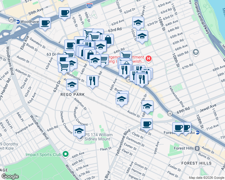 map of restaurants, bars, coffee shops, grocery stores, and more near 66-04 Booth Street in Queens