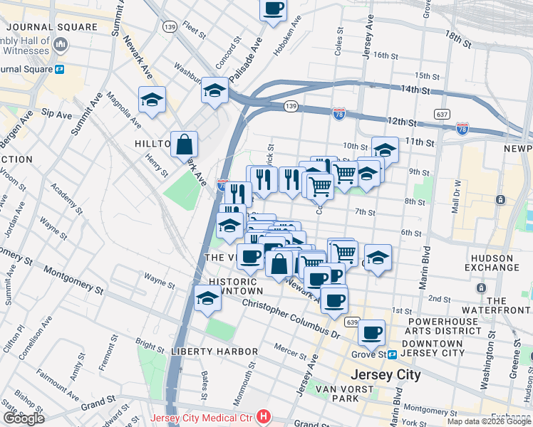 map of restaurants, bars, coffee shops, grocery stores, and more near 350 6th Street in Jersey City