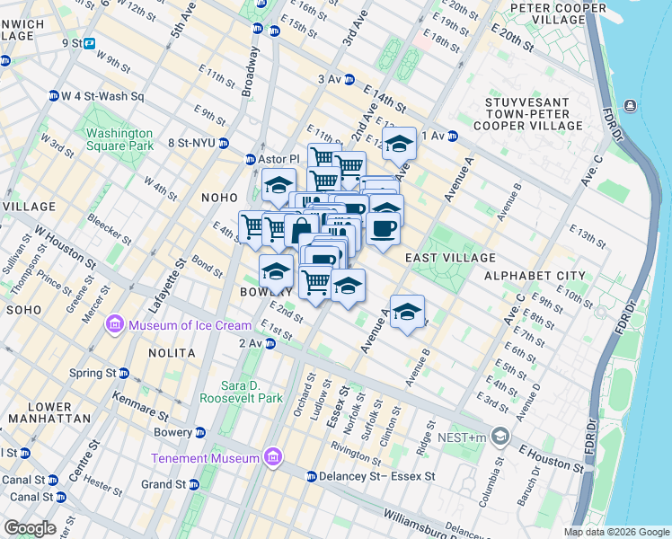 map of restaurants, bars, coffee shops, grocery stores, and more near 345 East 5th Street in New York