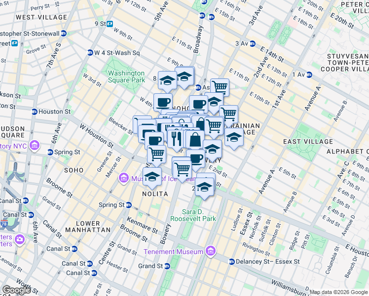 map of restaurants, bars, coffee shops, grocery stores, and more near 348 Bowery in New York