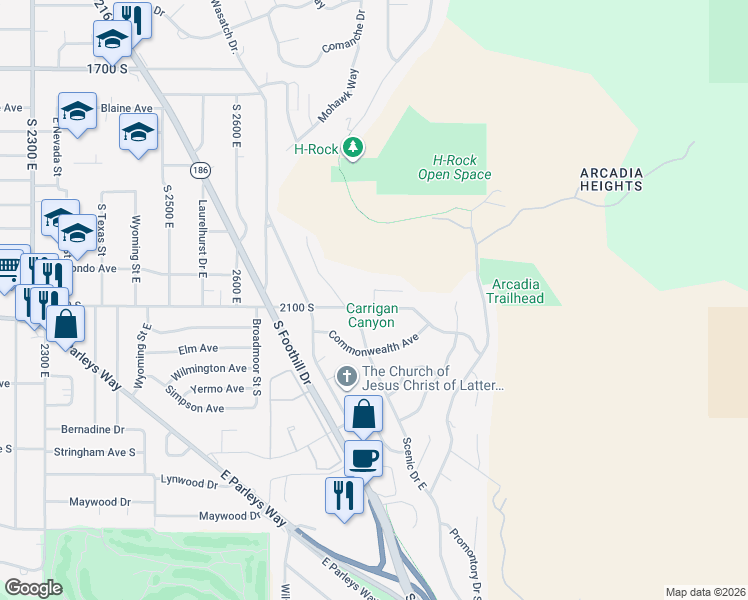 map of restaurants, bars, coffee shops, grocery stores, and more near Scenic Circle in Salt Lake City