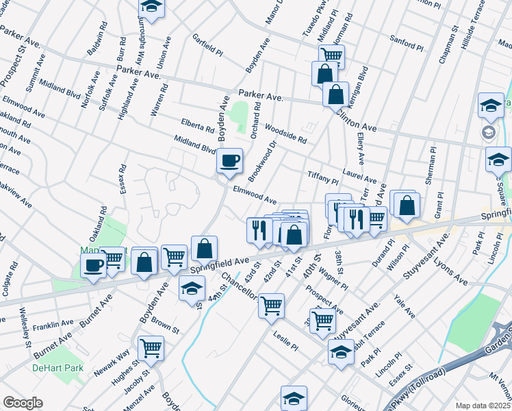 map of restaurants, bars, coffee shops, grocery stores, and more near 240 Elmwood Avenue in Maplewood